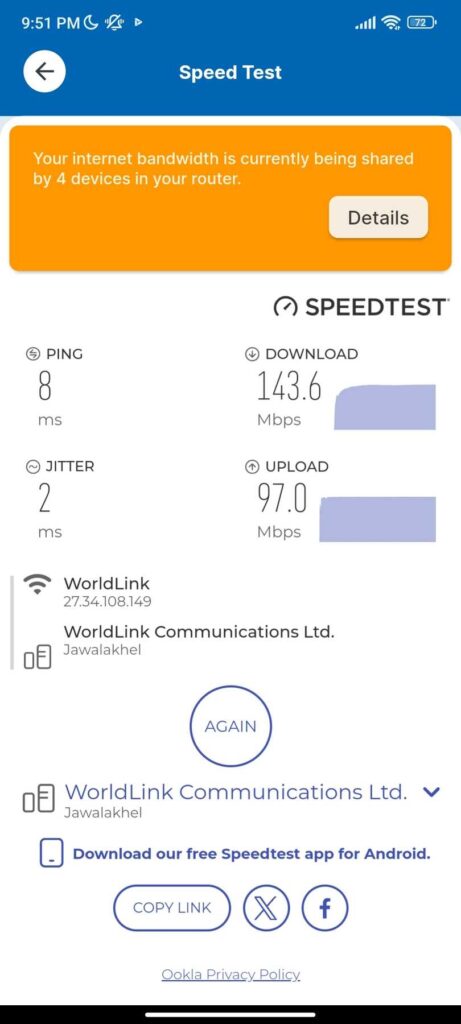 check internet speed on myWorldLink app