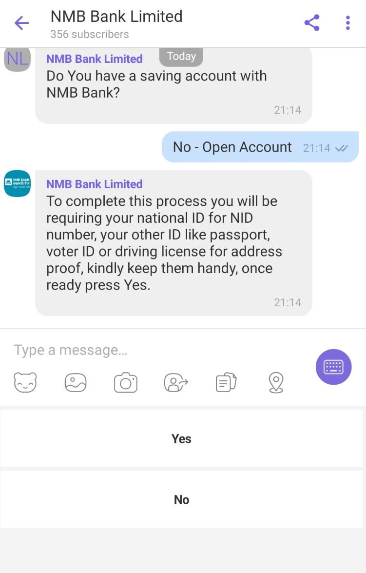 Opening bank account from Viber