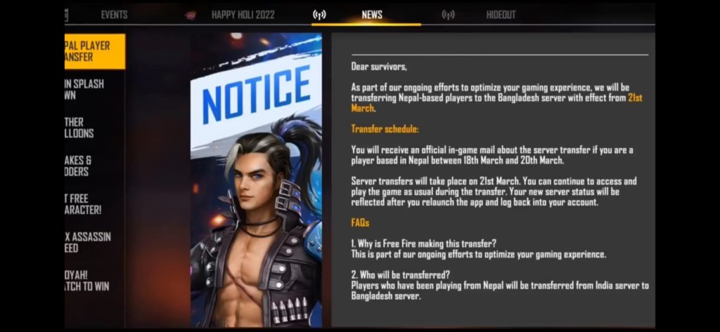 Free Fire Server Changed to Bangladesh for Nepalese players