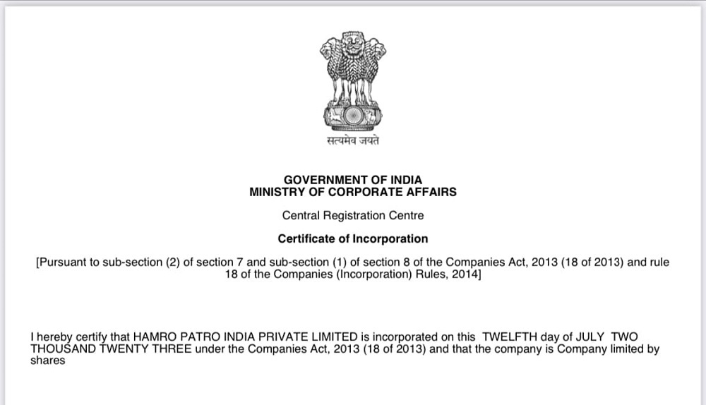 Hamro Patro registered in India