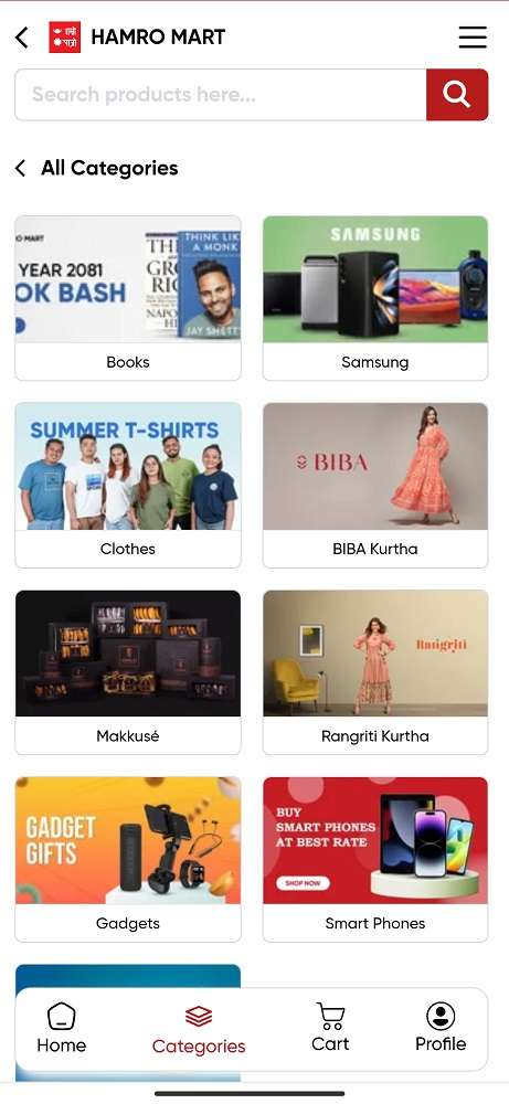 Hamro Mart online shopping app interface
