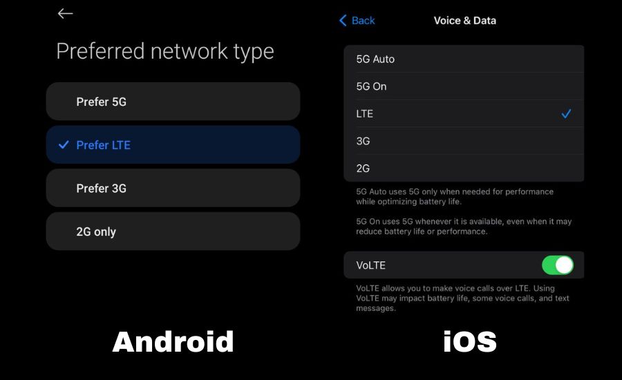 Change network mode in Android and iPhone