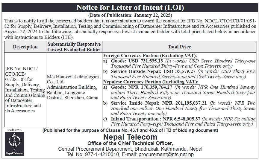 Nepal Telecom Huawei Data Center LOI