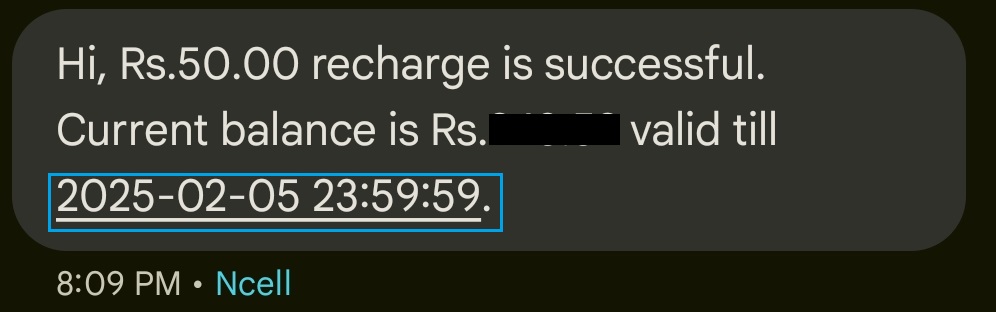 Ncell recharge validity