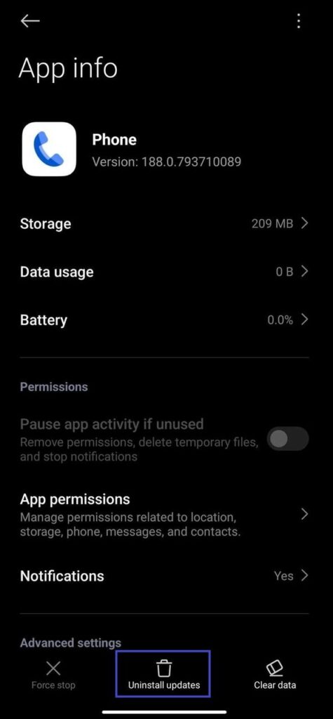Android phone app interface settings